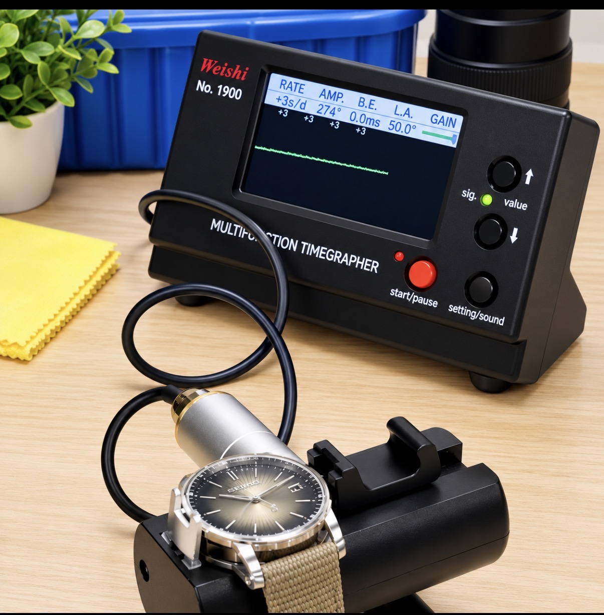 Watch movement being tested on a timegrapher